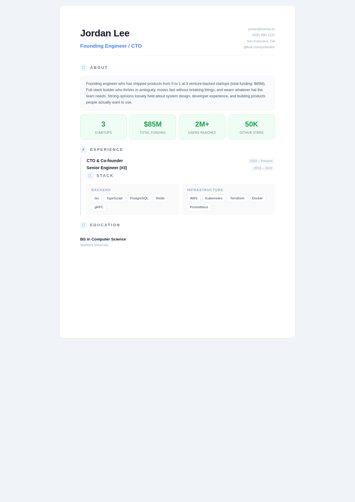 Tech startup simple resume